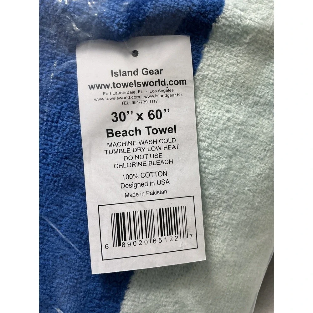 1‎ Island Gear Beach Towel 30x60 Blue White Stripe 100% Cotton Eco Friendly New